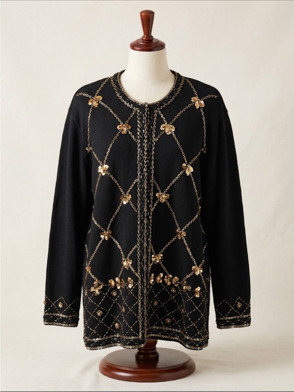 80s 90s Vintage Black Knit Sweater Gold Sequin Floral Diamond Lattice Beaded